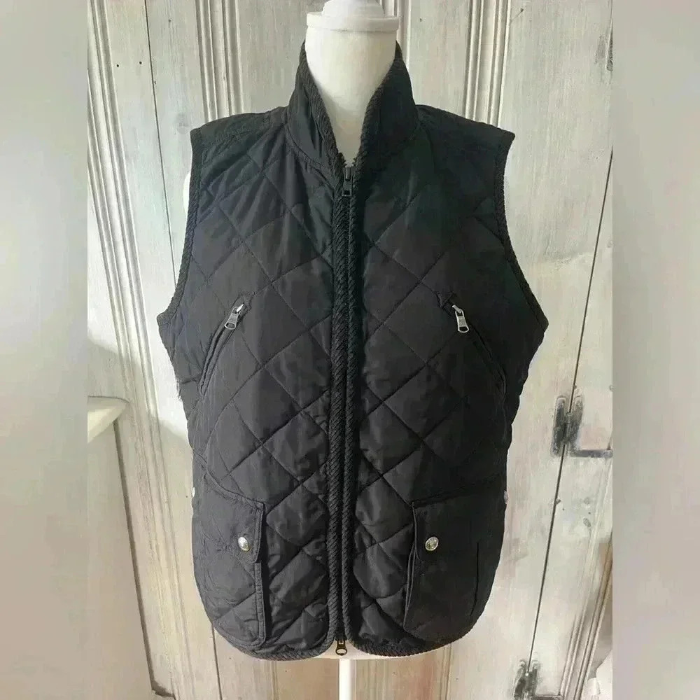 RALPH LAUREN black barn coat vest quilted corduroy trim zip closure pockets M